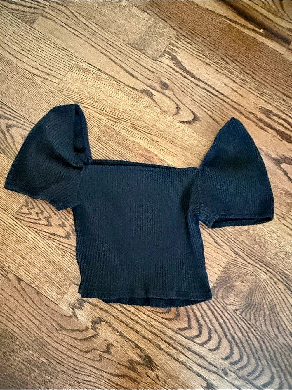 H&M Ribbed Puff Sleeve Square Neck Crop Top Black small